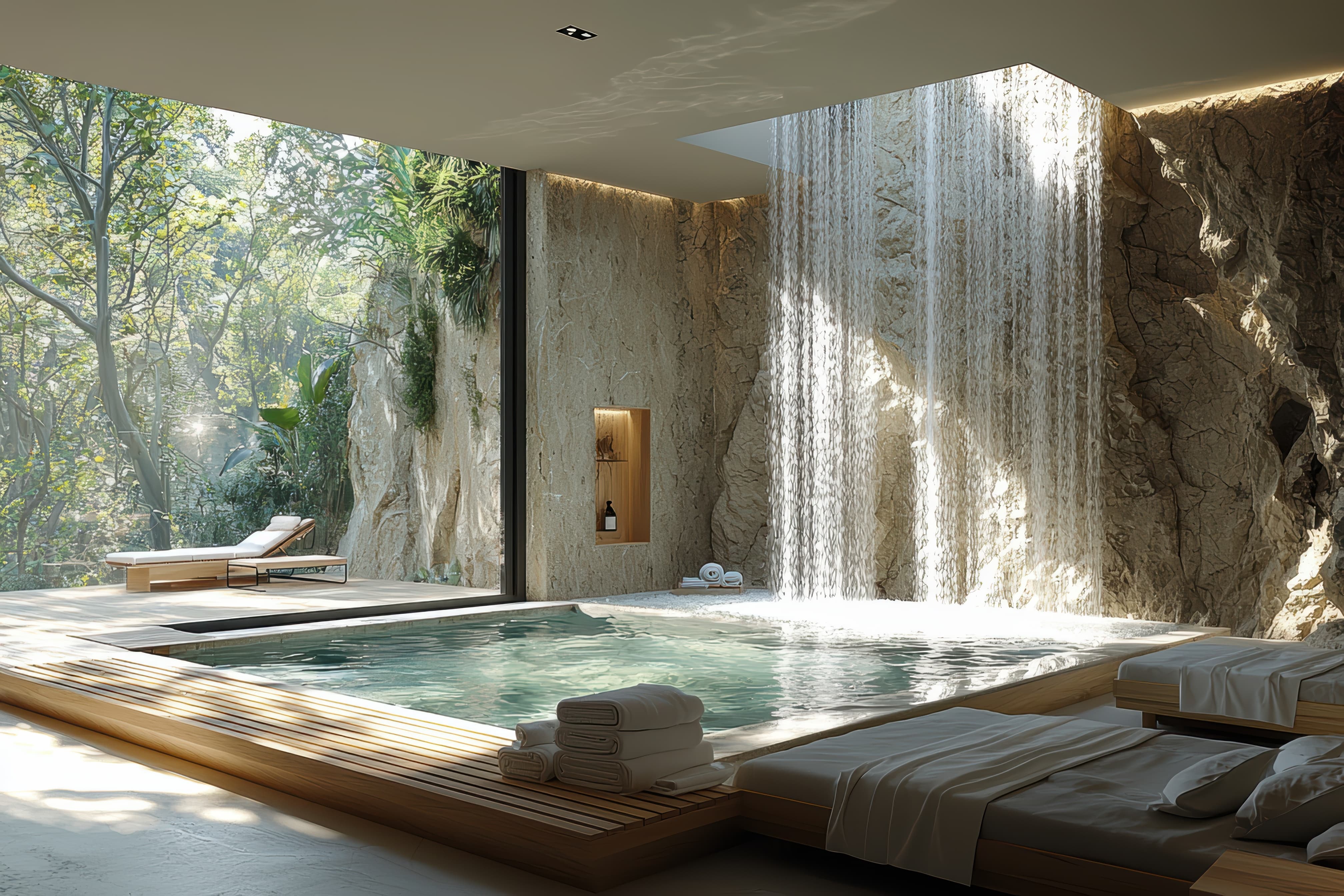 Hotel spa with waterfall feature in an indoor pool, deckchairs inside and outside in nature setting