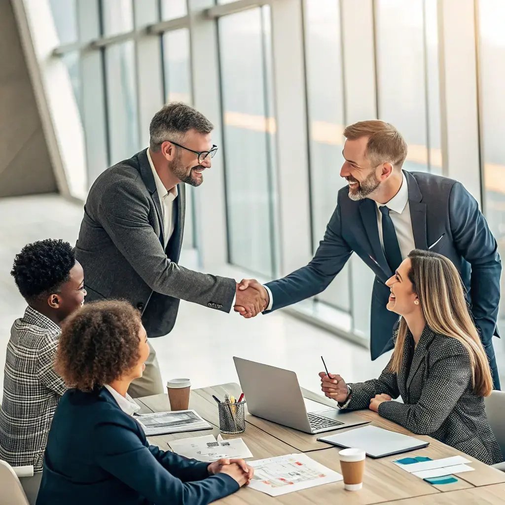 business partners shaking hands at a roundtable