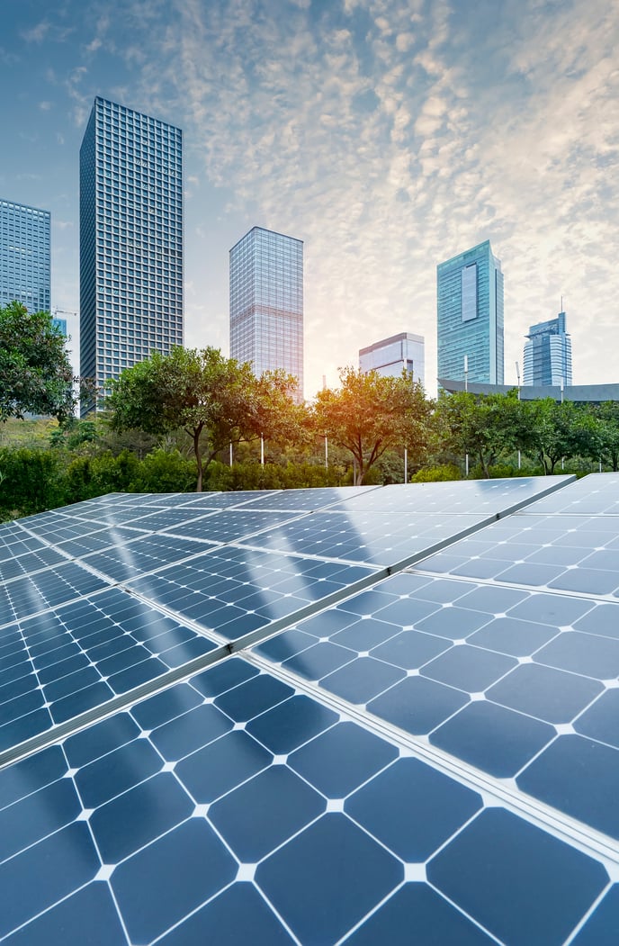 Solar panels nearby hotel buildings