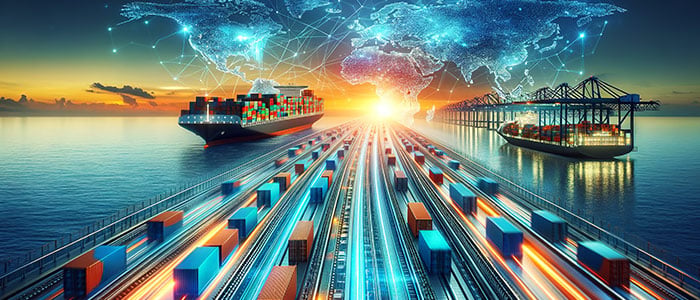 Cargo ships and freight travelling at speed