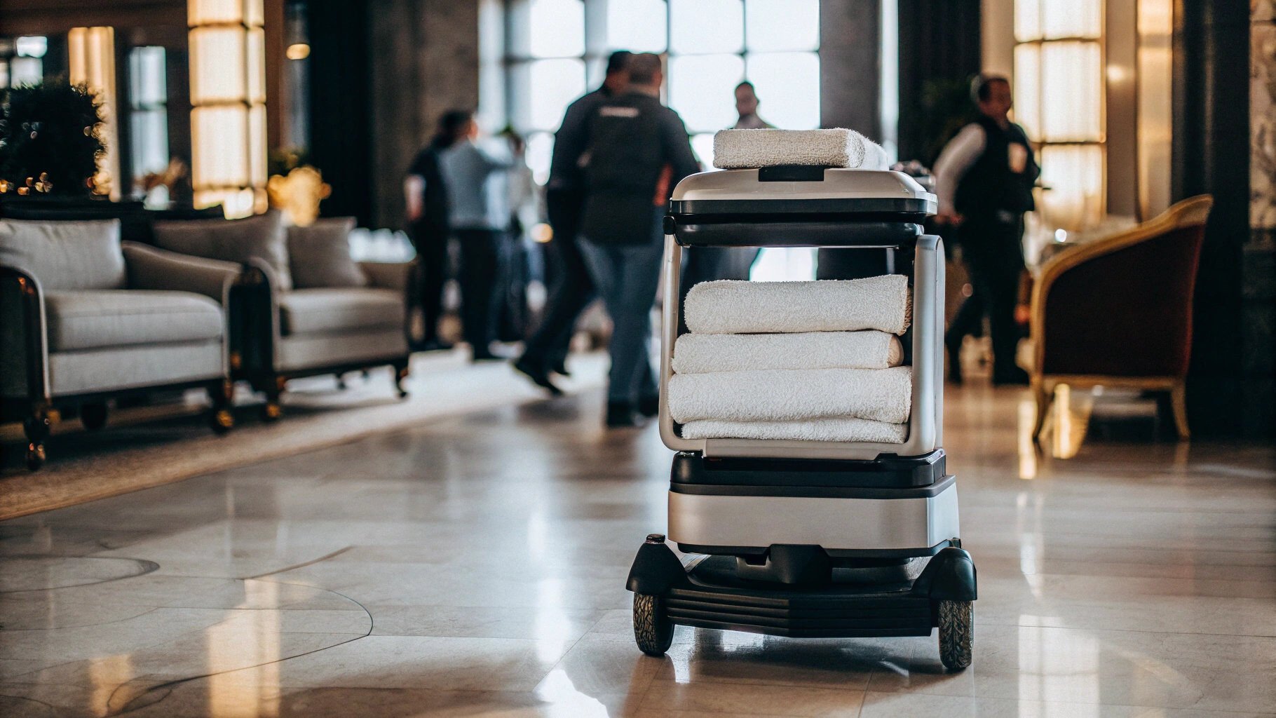 Room service robot carrying towels